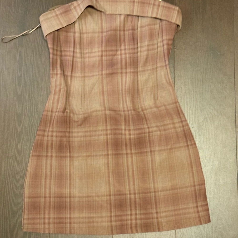 With Jean Strapless Plaid Dress in Soft Brown
